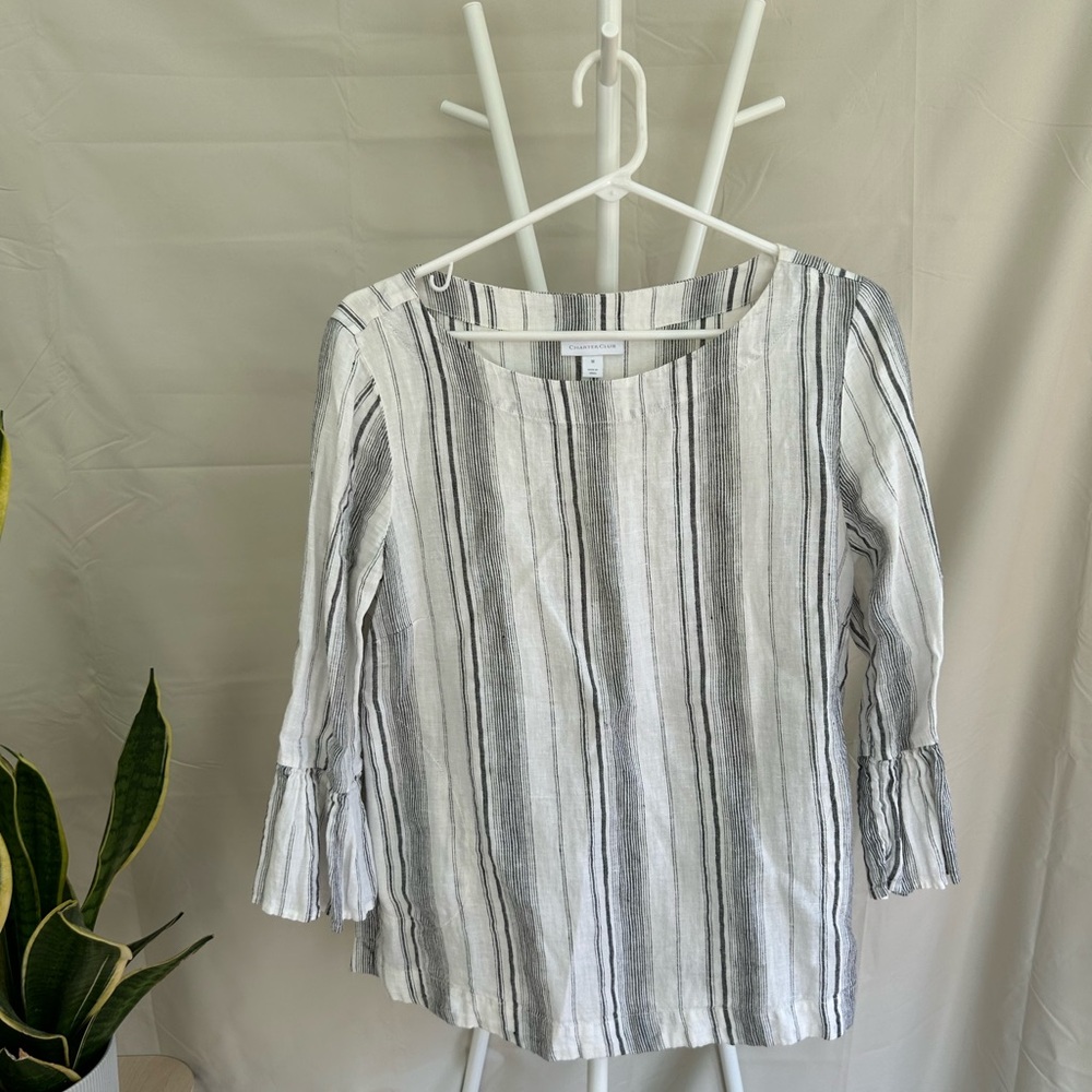 Linen Boat Neck Charter Club Black and White Striped Blouse w/ pockets!